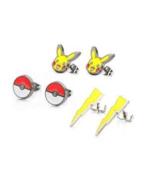 Pokemon Pikachu, Lightning Bolt and Pokeball Stud Earrings, Set of 3