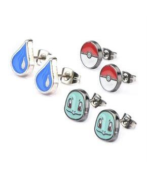 Pokemon Squirtle, Water Drop, and Pokeball Stud Earrings, Set of 3