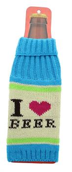 Knit Beer Bottle Cooler - "I Love Beer" Aqua/Pink/White