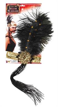 Gold Sequin Adult Costume Flapper Headband With Black Feathers