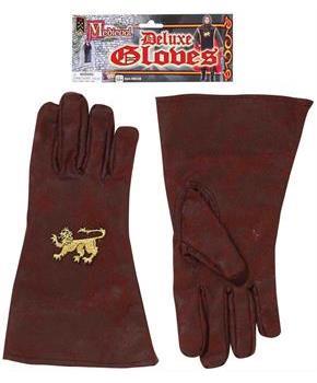 Brown Medieval Adult Costume Gloves With Gold Lion Emblem