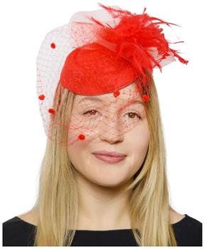 Feathery Red Fascinator with Lace Veil Adult Costume Hat