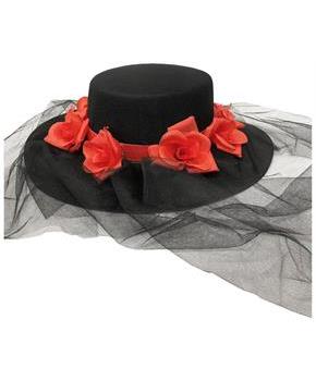 Day of the Dead Skeleton Adult Costume Gaucho Hat with Red Roses and Veil