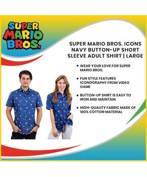 Super Mario Bros. Icons Navy Button-Up Short Sleeve Adult Shirt