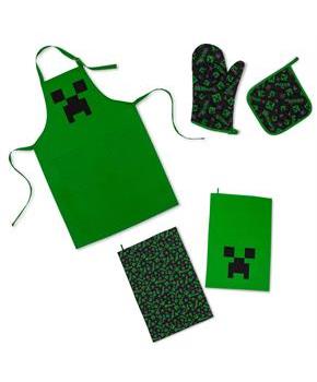 Minecraft Green Creeper Kitchen Set | Apron, Oven Mitt, Dish Towels, Pot Holder