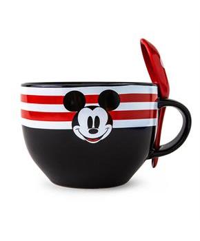 Disney Mickey Mouse Red-Striped Ceramic Soup Mug With Spoon | Holds 24 Ounces
