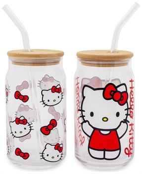 Sanrio Hello Kitty 16-Ounce Glass Tumblers With Bamboo Lid and Straw | Set of 2