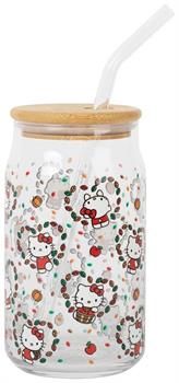Sanrio Hello Kitty Fall Leaves 16-Ounce Glass Tumbler With Bamboo Lid and Straw
