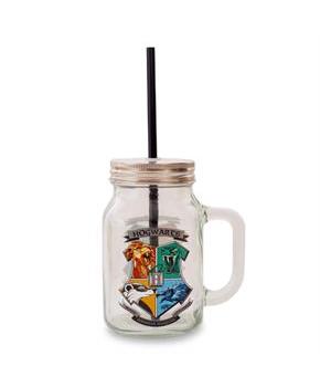 Harry Potter Hogwarts Crest 21 Ounce Glass Mason Jar With Lid and Straw