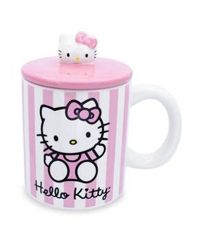 Sanrio Hello Kitty Pink Stripes Ceramic Mug With Lid | Holds 18 Ounces