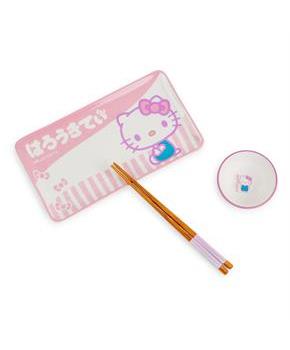 Sanrio Hello Kitty Pink 3-Piece Ceramic Sushi Set With Sauce Bowl and Chopsticks