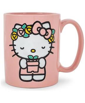 Sanrio Hello Kitty Flower Badge Wax Resist Ceramic Pottery Mug | Holds 18 Ounces