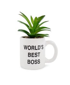 The Office Worlds Best Boss Mini Ceramic Planter with Artificial Plant