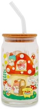 Sanrio Hello Kitty and Friends Mushroom Glass Tumbler With Bamboo Lid and Straw