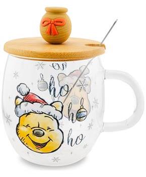 Disney Winnie the Pooh Holiday 17-Ounce Glass Coffee Mug With Lid and Spoon