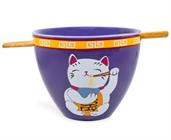 Bowl Bop Purple Lucky Cat Japanese Dinner Set | 16-Ounce Ramen Bowl, Chopsticks